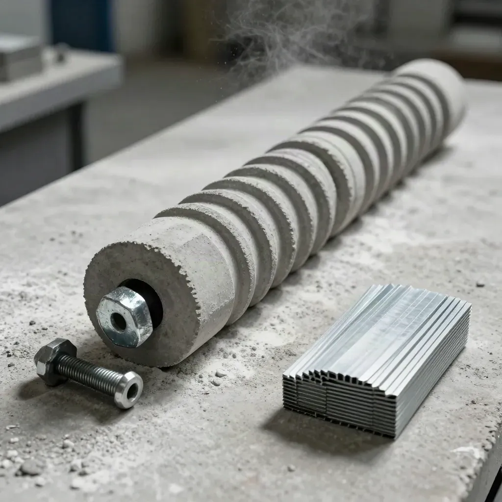 Concrete test cylinder with rebar coupler, anchor bolt, and shim pack on dusty slab