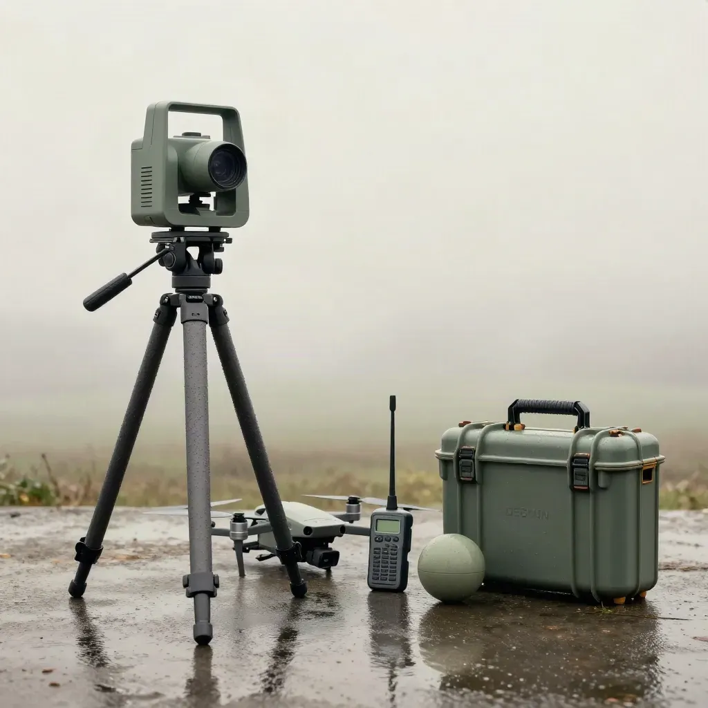 LiDAR scanner on tripod with drone, GNSS base and hard case on wet slate at dawn