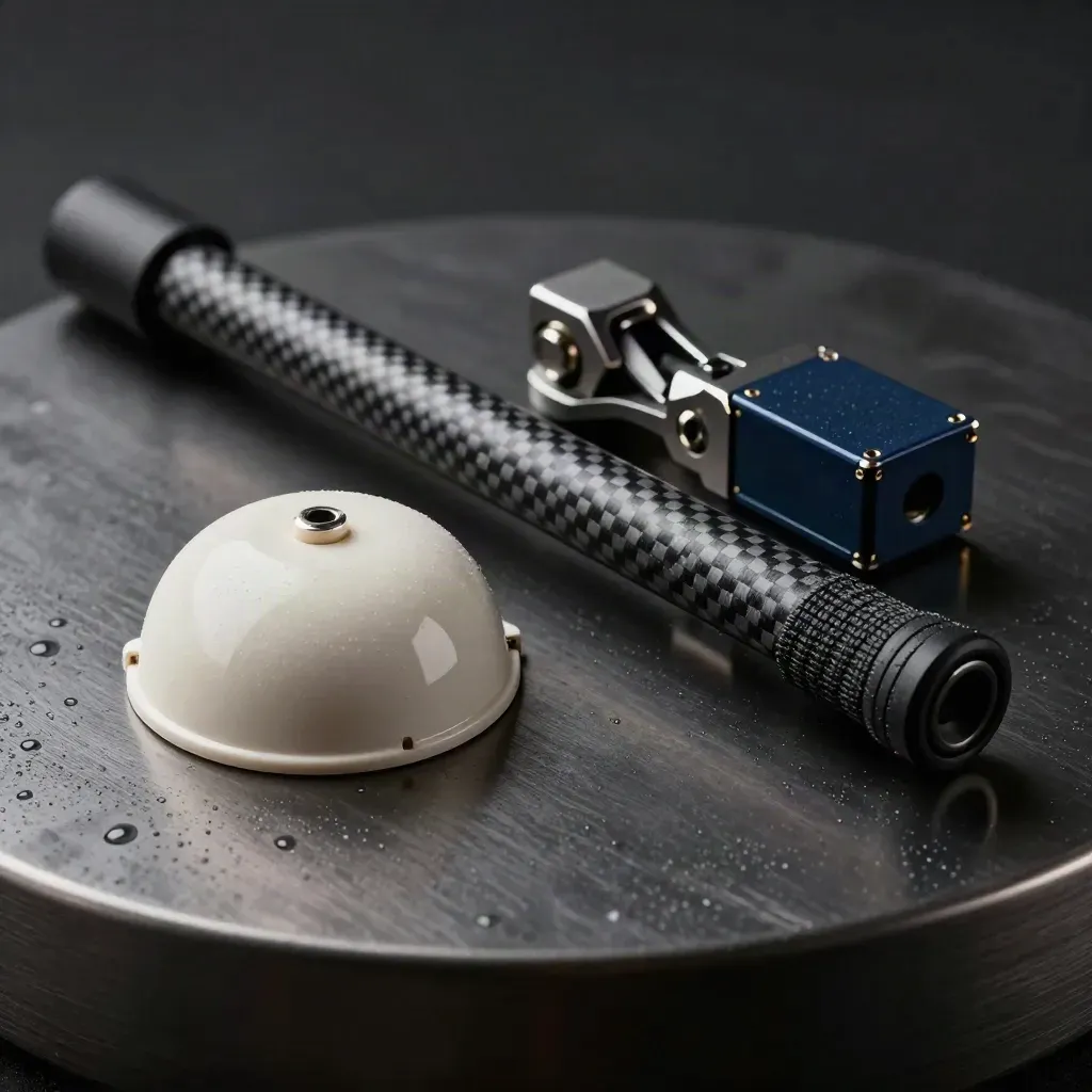 GNSS surveying kit with antenna puck, carbon-fiber pole, clamp and radio module on brushed metal.