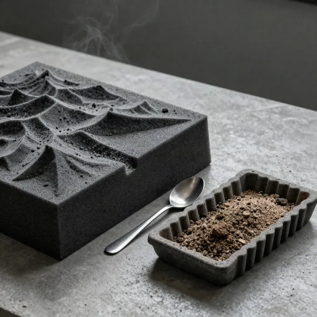 Foam terrain block, gravel spoon, and soil core tray on concrete in soft daylight.