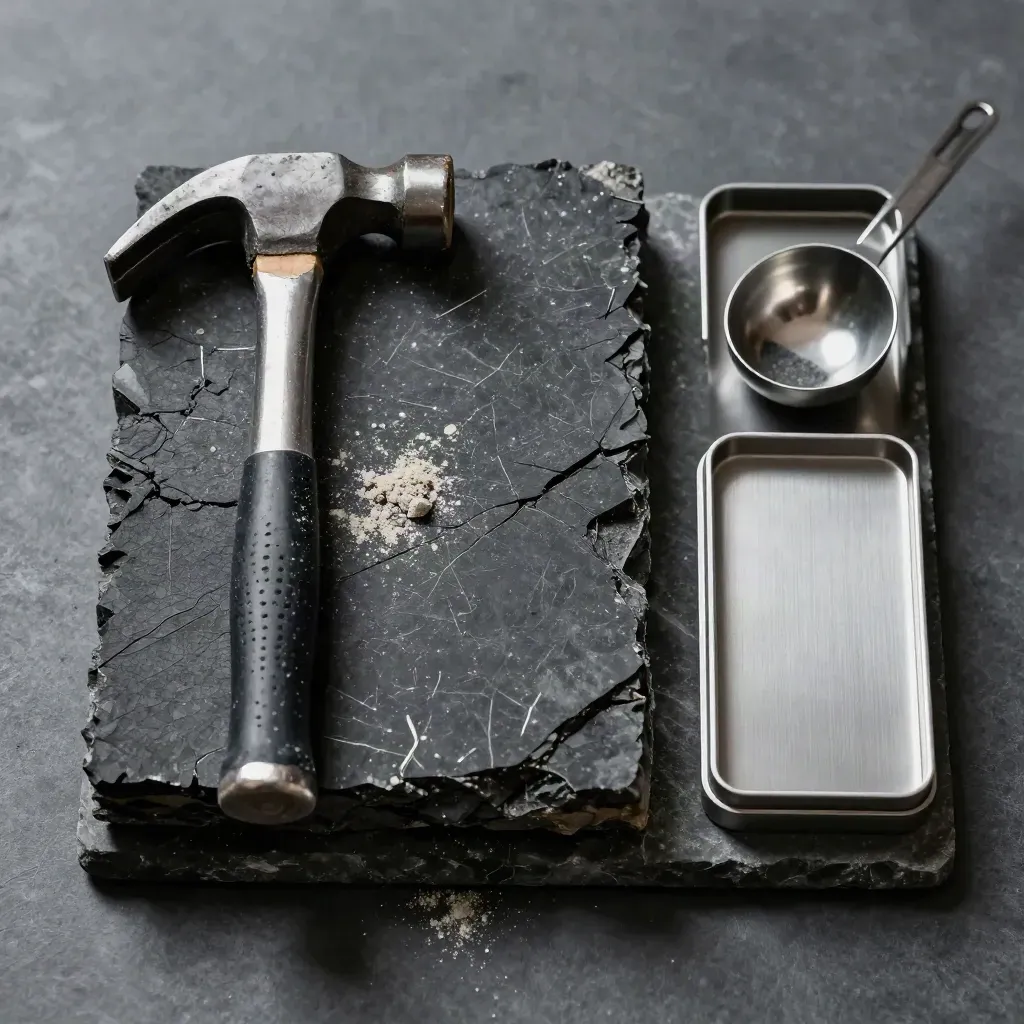 Top-down basalt core samples with hammer, scoop and assay tray on brushed stone.