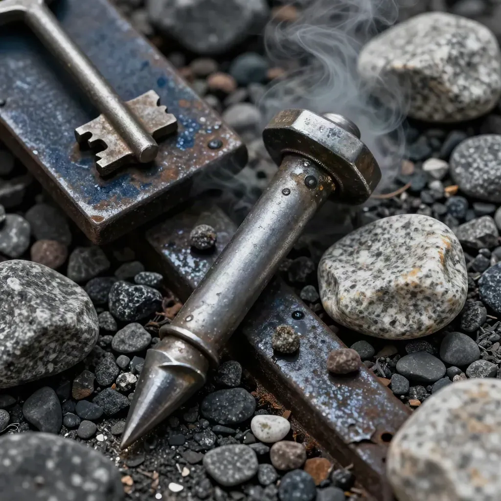 Macro of rail hardware on ballast: spike, fastening clip, gauge plate and steam.
