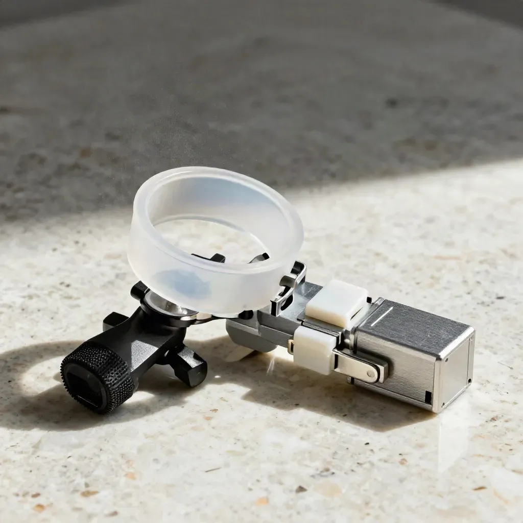 Survey tripod foot, level collar, clamp and case latch on travertine in dramatic studio light