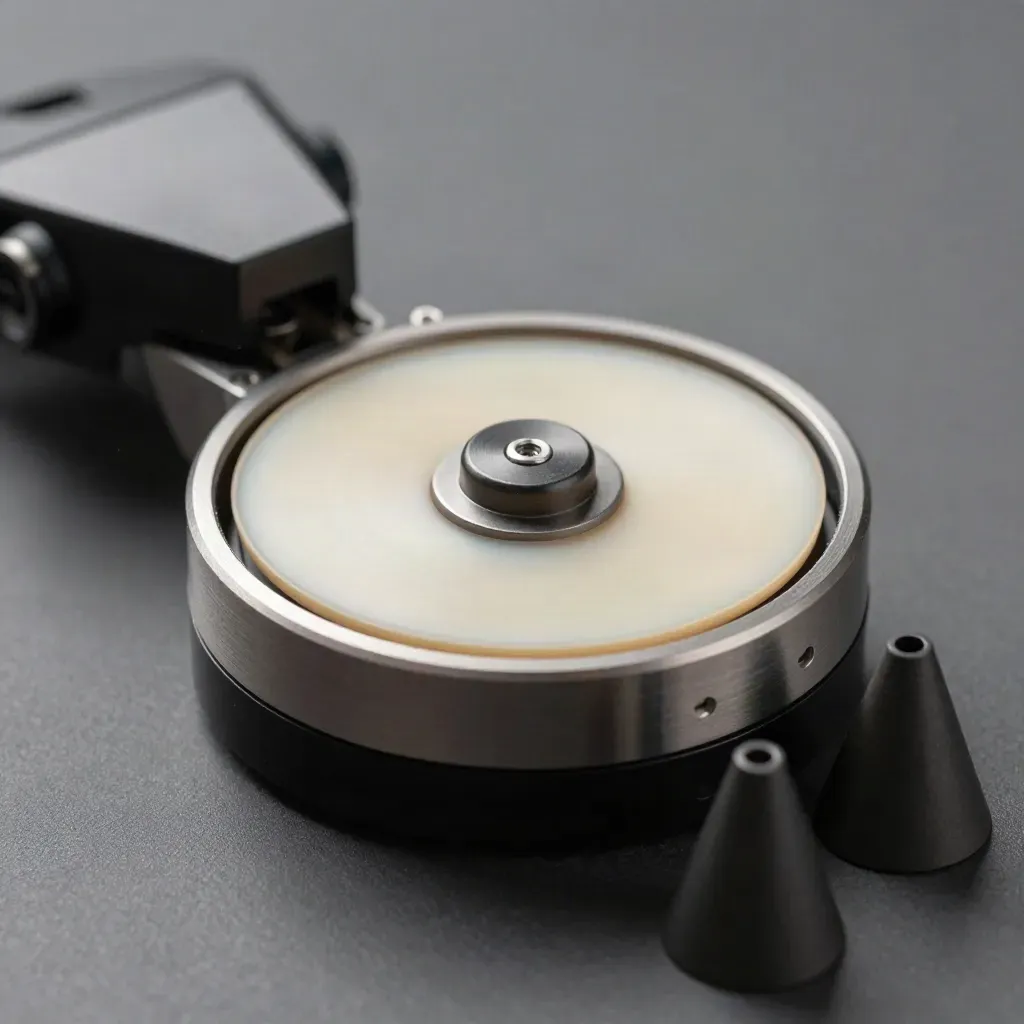 LiDAR scanner head with target cones on a graphite surface, shot in extreme macro