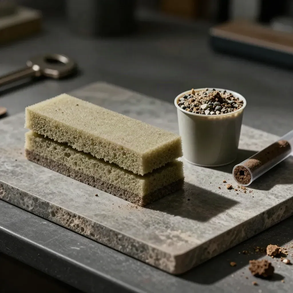 Foam contour slice, soil core, and sample cup on a graphite workbench under hard studio light.