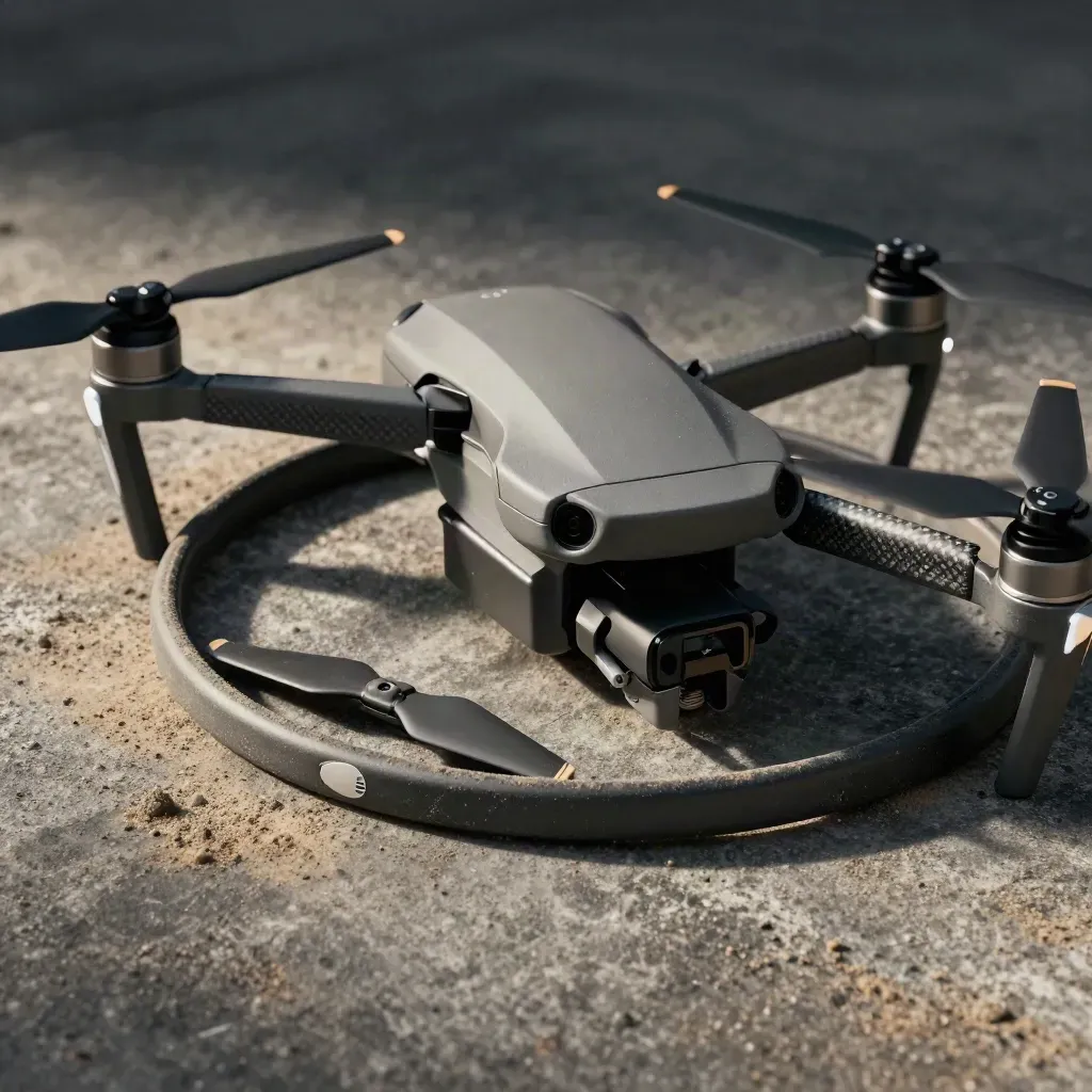Dusty quadcopter drone, spare props and battery beside an open latch on a landing ring