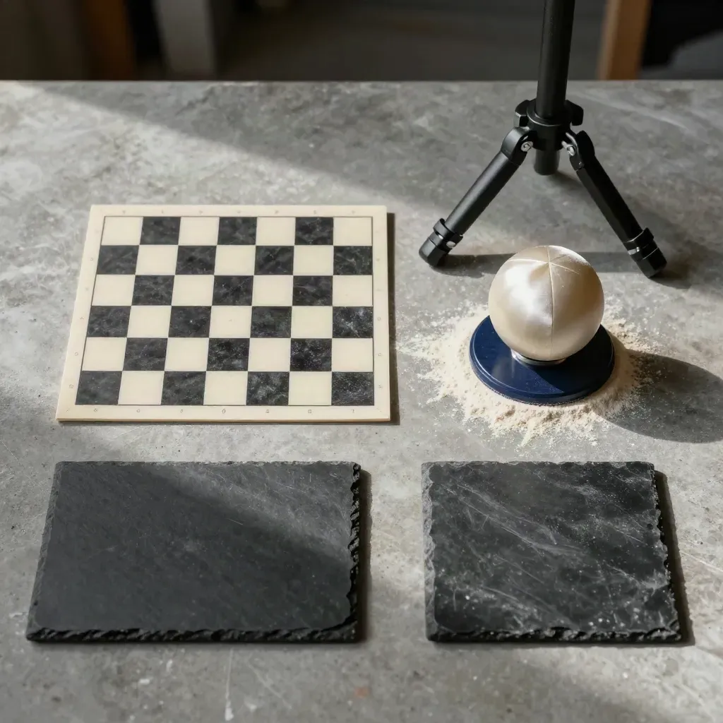 Flat lay of LiDAR calibration gear: checkerboard target, clamp, alignment sphere, and reference plate.