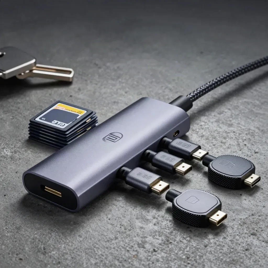 USB-C hub, SD cards, braided cable and data pucks on concrete, lit dramatically from upper left.