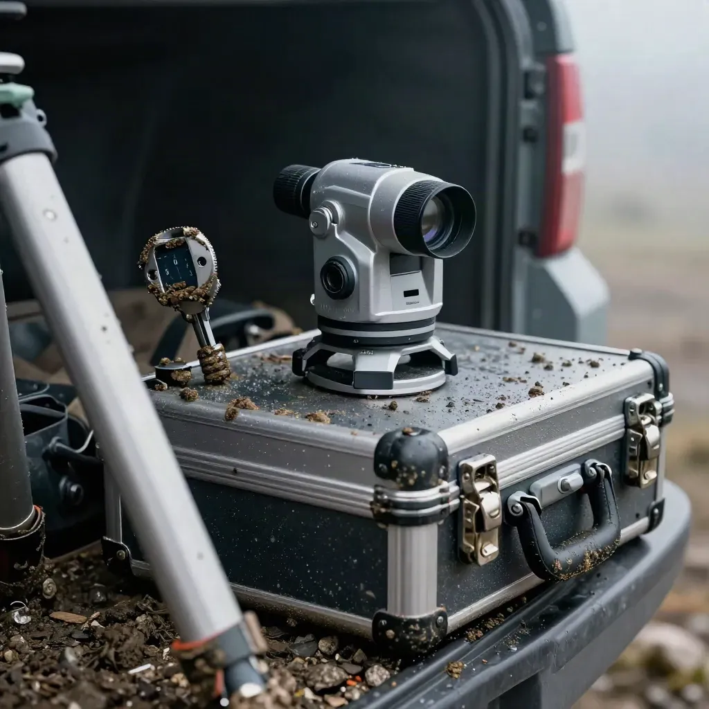 Mud-splashed GNSS rover kit, prism carrier, foot pad and field case in misty survey light.