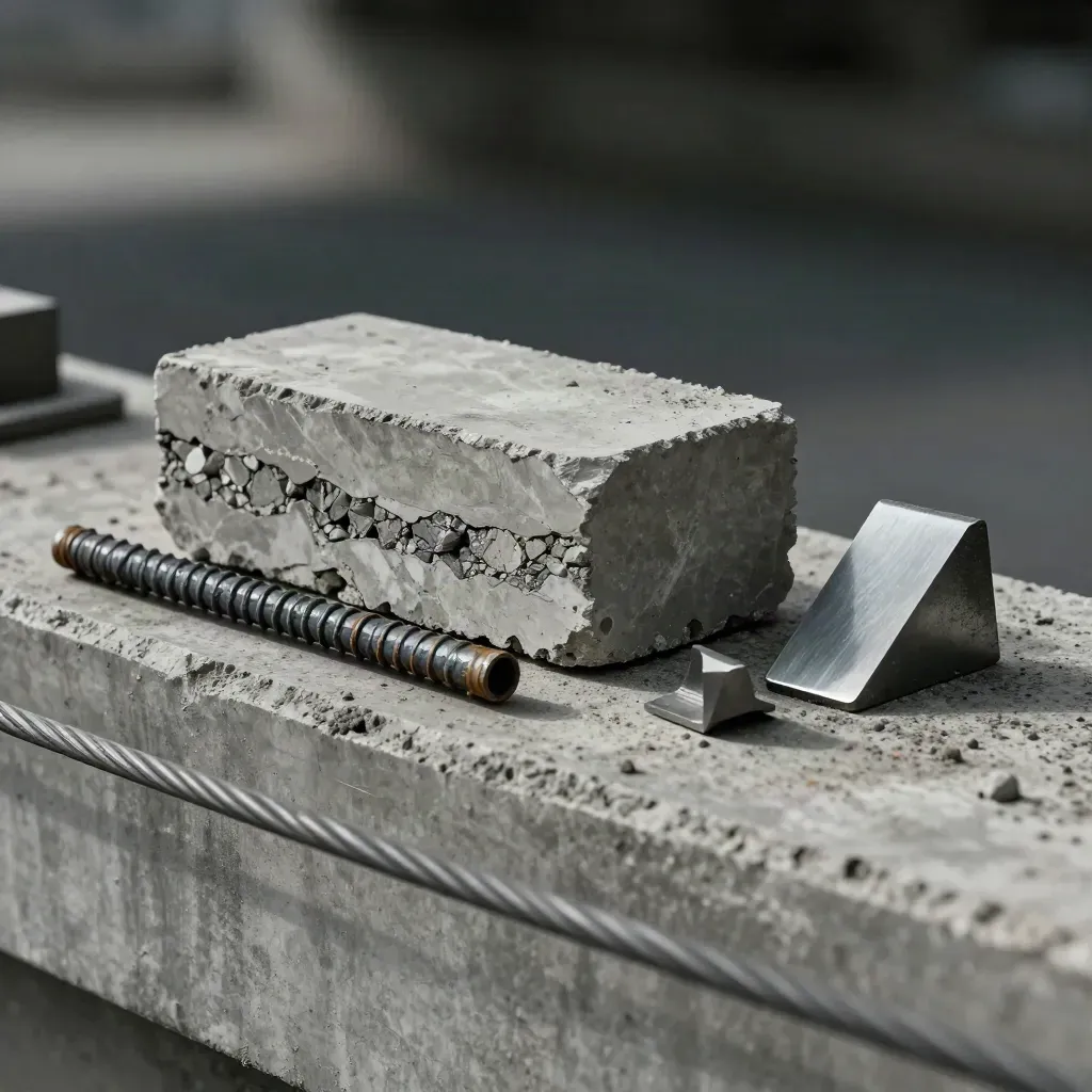Core sample with rebar, wedge, and shim on concrete, seen through a blurred railing cable.
