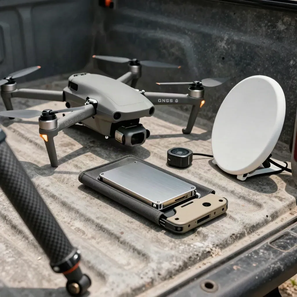 Folded drone mapping kit with antenna disc and SSD beside a blurred tripod leg