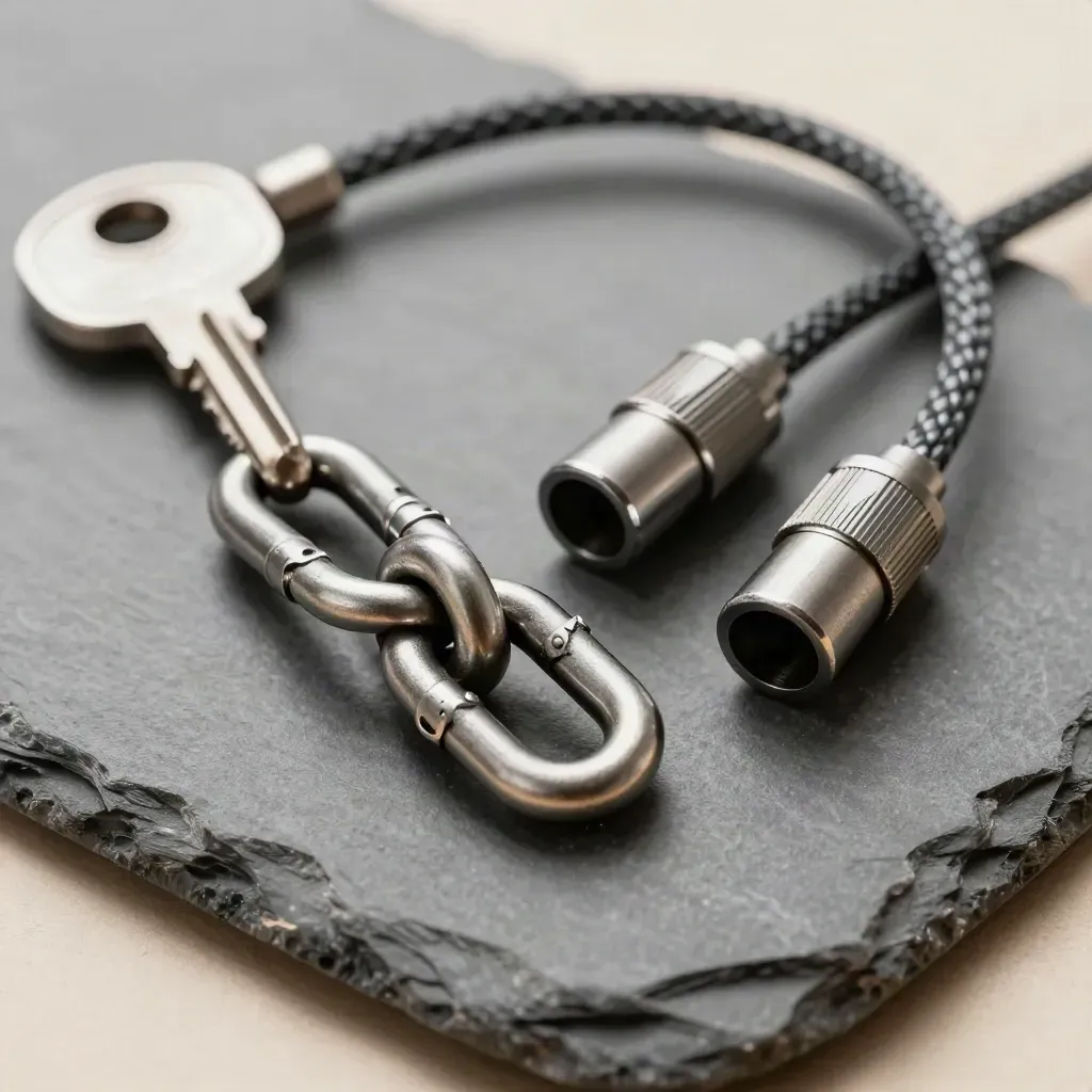 Macro still life of interlocking metal links, braided cable and connector sleeves on stone.