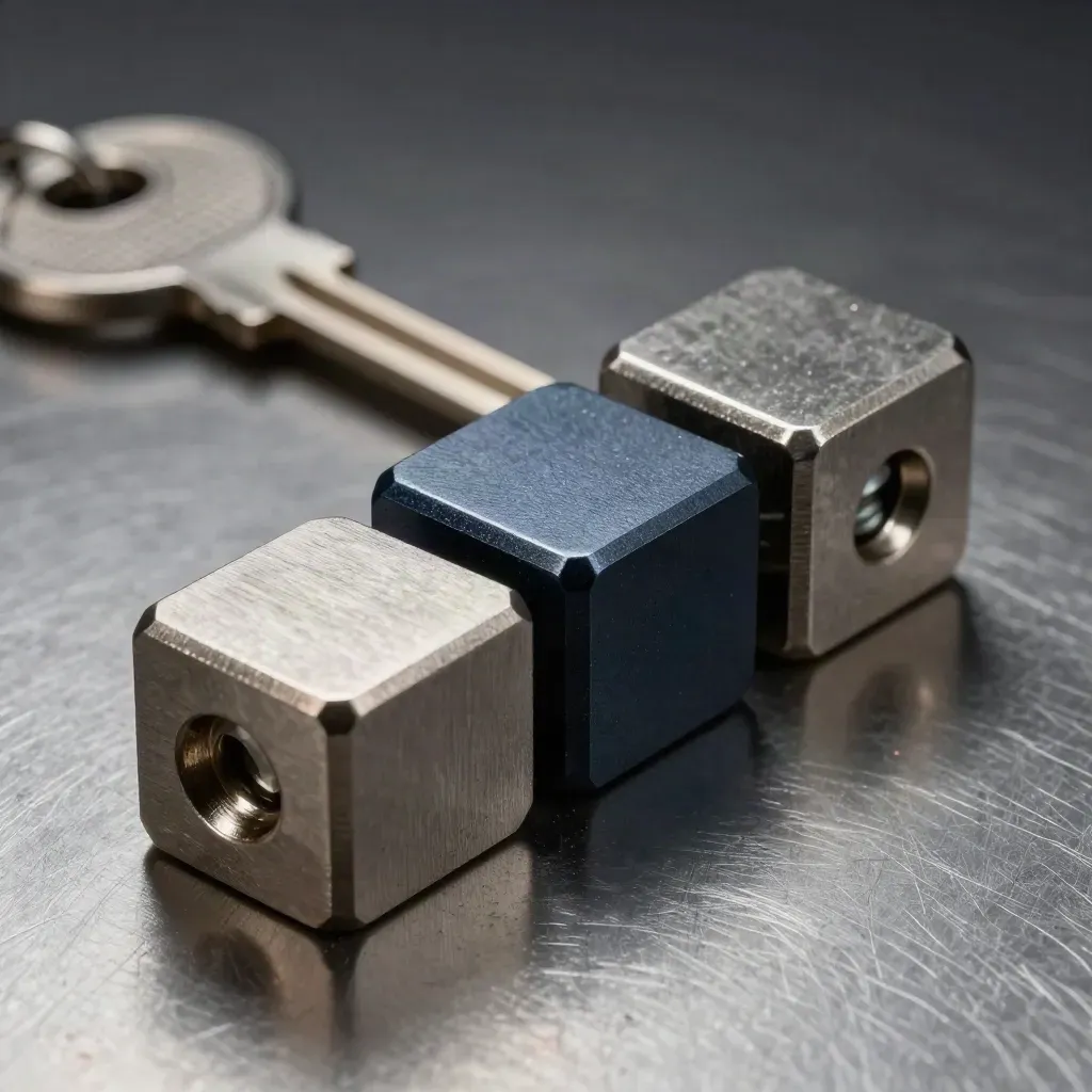 Hexagonal metal blocks and screws nesting together on brushed steel under dramatic studio light.