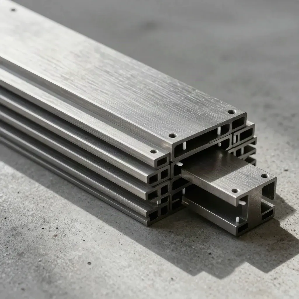 Modular graphite blocks and white pins on concrete, lit from upper left.