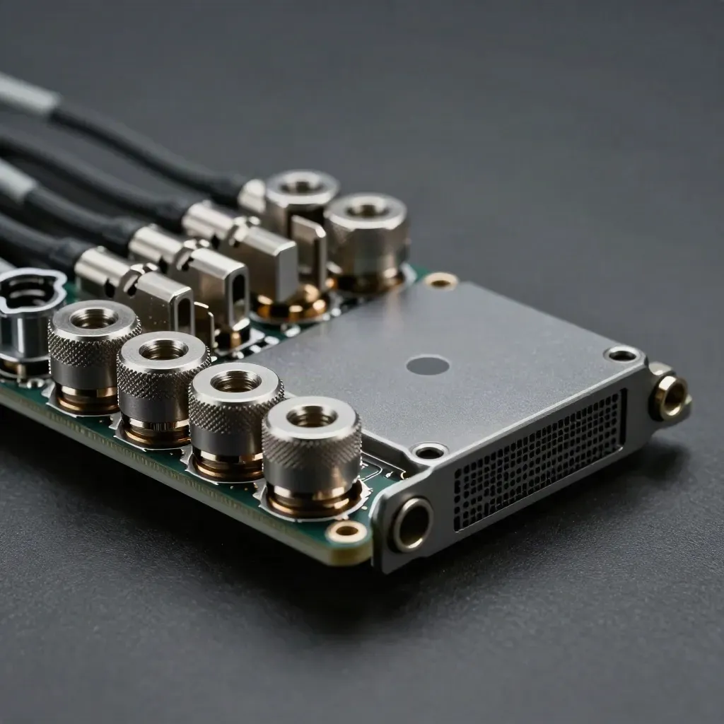 Graphite server modules and couplers dock into a central hub on a matte dark surface.