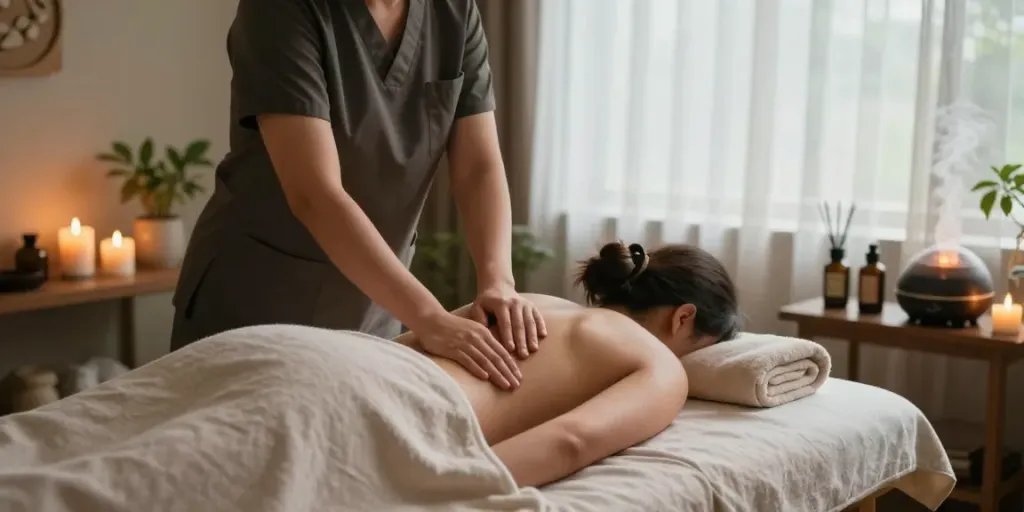 Enjoying a soothing 일산출장안마 session in a tranquil spa environment.